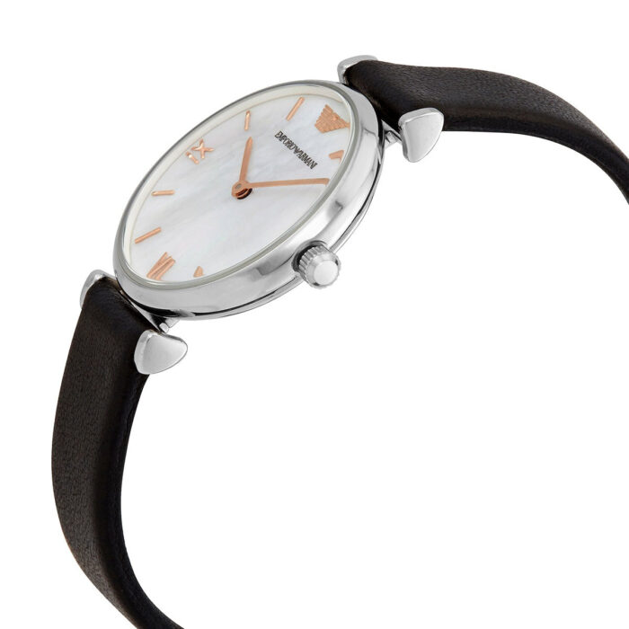 Emporio Armani Gianni T Bar Mother of Pearl Dial Black Leather Strap Watch For Women - AR90002 - Image 4